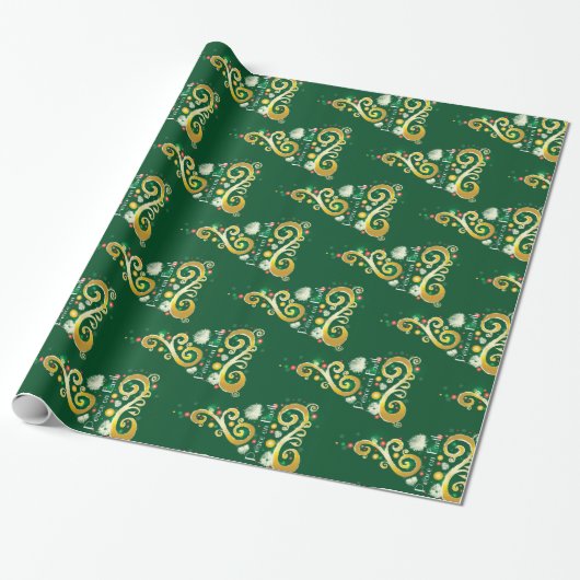Abstract patroon met groene en gouden kerstbomen cadeaupapier (Uitgerold)
