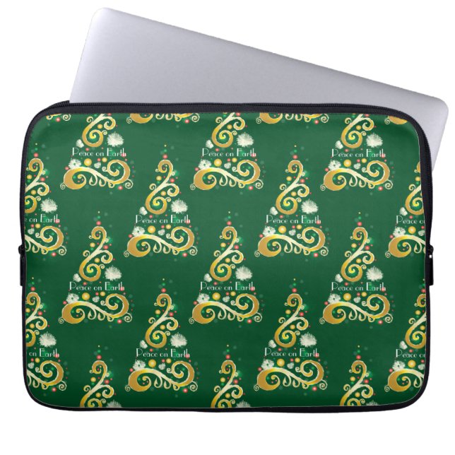 Abstract patroon met groene en gouden kerstbomen laptop sleeve (Voorkant)