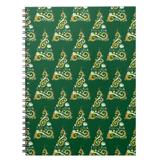 Abstract patroon met groene en gouden kerstbomen notitieboek (Voorkant)