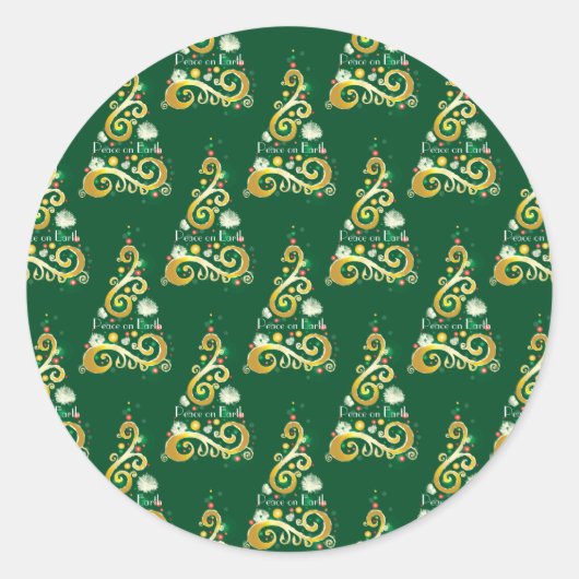 Abstract patroon met groene en gouden kerstbomen ronde sticker (Voorkant)