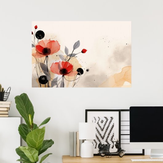 Abstract patroon rode bloemen achtergrond poster (Thuiskantoor)