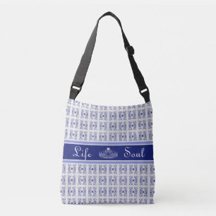 Abstract patroon & tiara in blauw en wit crossbody tas