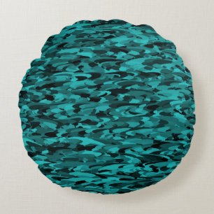 Abstract patroon turkoois zwart rond kussen
