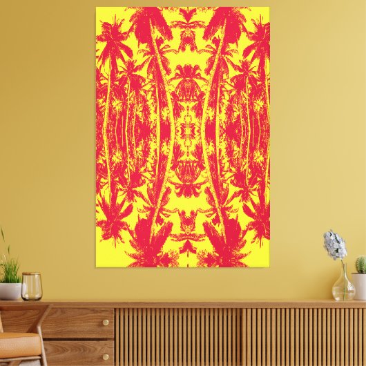 Abstract patroon van palmbomen in rood en geel canvas afdruk (Insitu (Woonkamer))