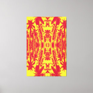 Abstract patroon van palmbomen in rood en geel canvas afdruk