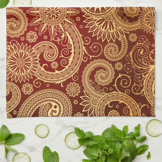 Abstract patroon van rode en goudflens theedoek (Gevouwen)