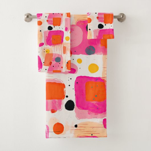 Abstract patroon van roze kleurblokken Mid Century Bad Handdoek (Insitu)