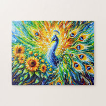 Abstract Pauwen met Zonnebloemen in Schilderij