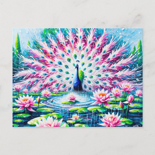 Abstract Peacock by the Pond with Water Lilies Briefkaart (Voorkant)