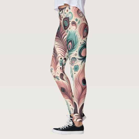 Abstract Peacock Feather Pattern Roze Turquoise Leggings (Links)