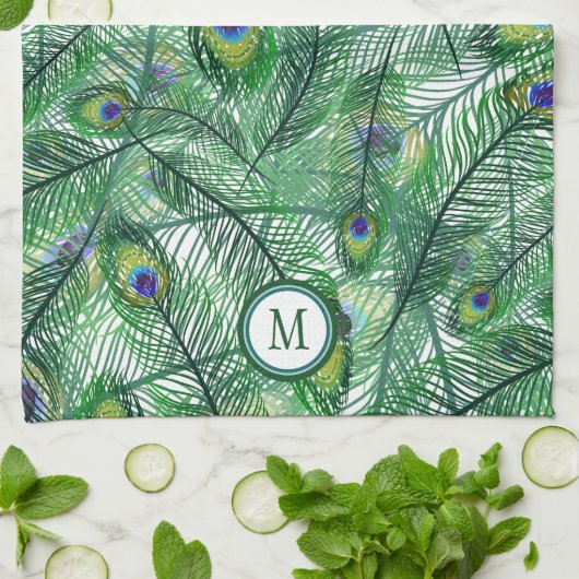 Abstract Peacock Feathers Monogram Theedoek (Gevouwen)