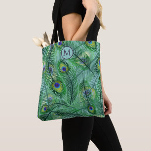 Abstract Peacock Feathers Monogram Tote Bag