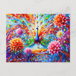 Abstract Peacock with Colorful Dahlias Autumn Briefkaart