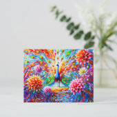 Abstract Peacock with Colorful Dahlias Autumn Briefkaart (Staand voorkant)