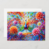 Abstract Peacock with Colorful Dahlias Autumn Briefkaart (Voorkant / Achterkant)
