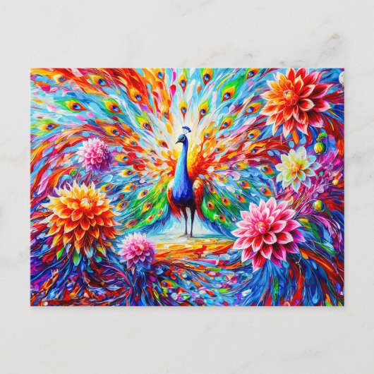 Abstract Peacock with Colorful Dahlias Autumn Briefkaart (Voorkant)