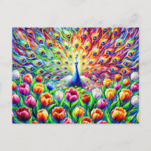 Abstract Peacock with Colorful Tulips in Paint