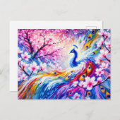 Abstract Peacock with Peach Tree in Colorful Paint Briefkaart (Voorkant / Achterkant)