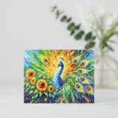 Abstract Peacock with Sunflowers in Painting Briefkaart (Staand voorkant)