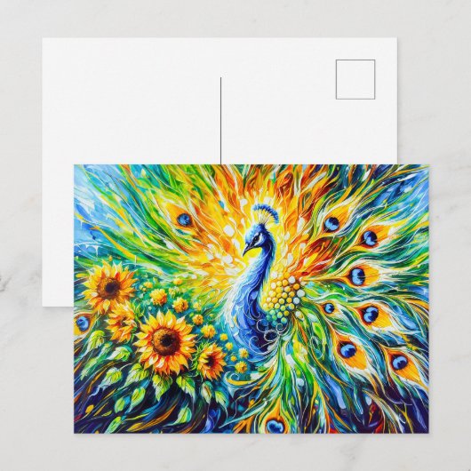 Abstract Peacock with Sunflowers in Painting Briefkaart (Voorkant / Achterkant)