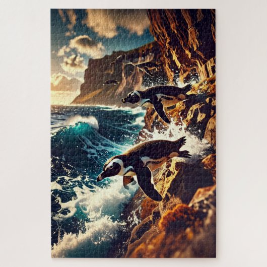 Abstract Penguins Diving - Surreal Cliff Dive Legpuzzel (Verticaal)