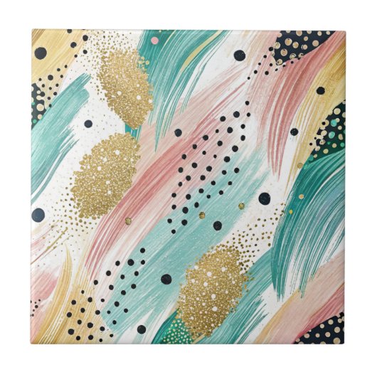 Abstract penseelstreek & puntpatroon - Gouden acce Tegeltje (Voorkant)