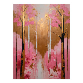 Abstract Pink and Gold Forest Painting Foto Afdruk