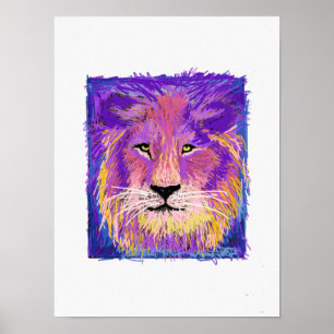 Abstract Pink Purple Yellow Blue Lion Portrat Poster