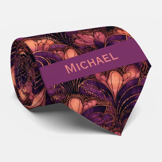 Abstract Plum & Copper Botanical Stropdas (Opgerold)