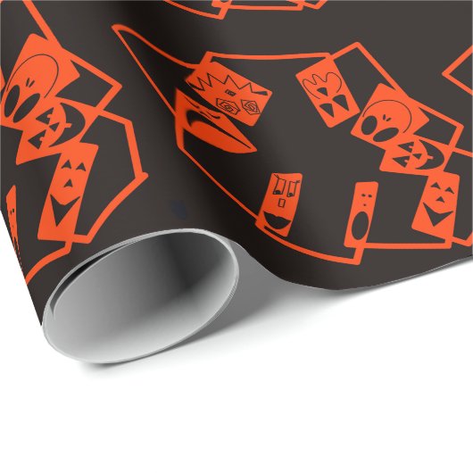 Abstract, pompoen gezichten op zwart, Halloween Cadeaupapier (Rol Hoek)