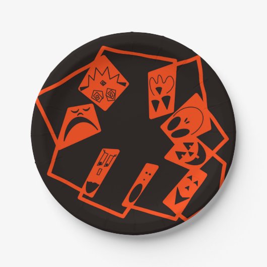 Abstract, pompoen gezichten op zwart, Halloween Papieren Bordje (Voorkant)