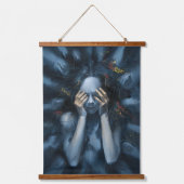 Abstract portret – surrealistische blauwe kunst hangend wandkleed (Voorkant)