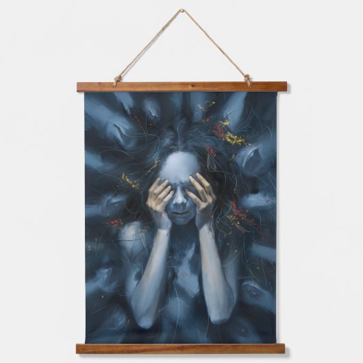 Abstract portret – surrealistische blauwe kunst hangend wandkleed (Voorkant)