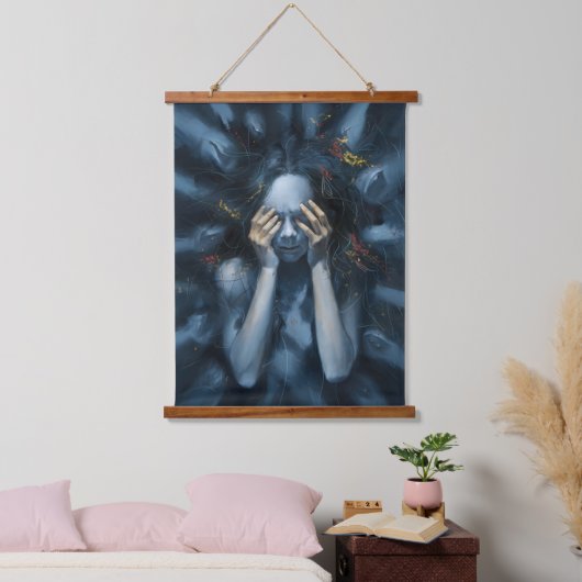 Abstract portret – surrealistische blauwe kunst hangend wandkleed (Slaapkamer)