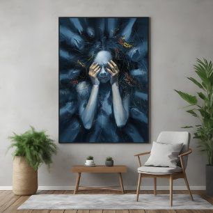 Abstract portret – surrealistische blauwe kunst poster