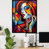 Abstract Portret van een vrouw drink wijn poster (Thuiskantoor)