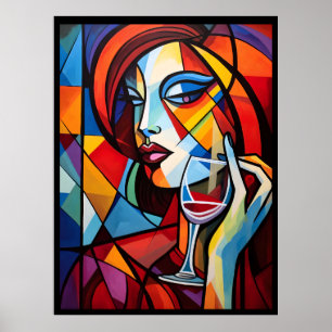 Abstract Portret van een vrouw drink wijn poster