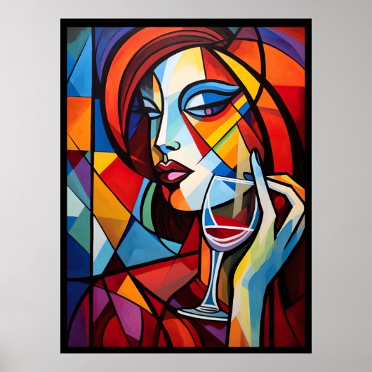 Abstract Portret van een vrouw drink wijn poster (Voorkant)