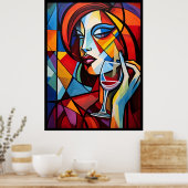 Abstract Portret van een vrouw drink wijn poster (Keuken)