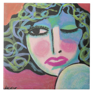 Abstract portret van een vrouw met krullen tegeltje