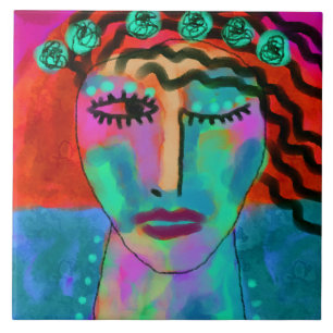 Abstract portret van een vrouw voor een bloeiend k tegeltje