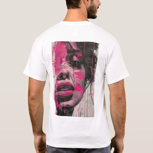 Abstract portret van een vrouw - zwart, wit, roze t-shirt (Achterkant)