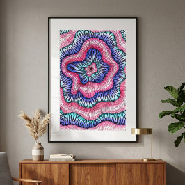 Abstract psychedelische roze blauwe golvende lijnk poster
