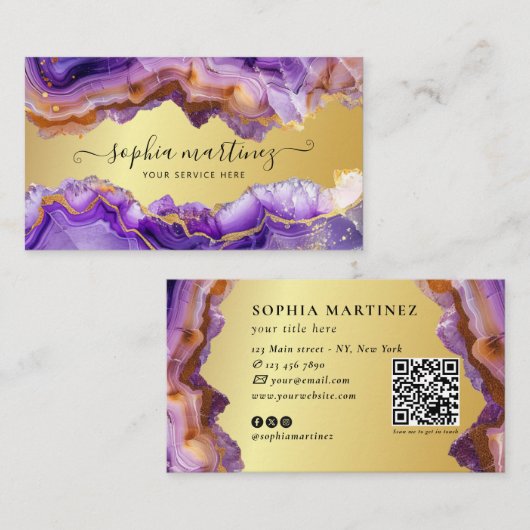 Abstract Purple Agate gold glitter marble QR Code Visitekaartje (Voorkant / Achterkant)