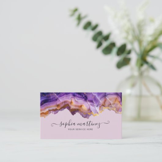 Abstract Purple Agate gold glitter marble QR Code Visitekaartje (Staand voorkant)