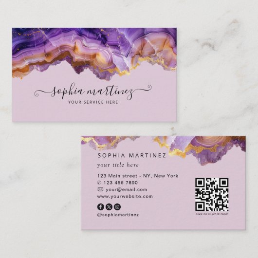 Abstract Purple Agate gold glitter marble QR Code Visitekaartje (Voorkant / Achterkant)