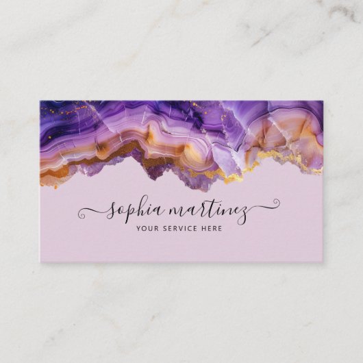 Abstract Purple Agate gold glitter marble QR Code Visitekaartje (Voorkant)