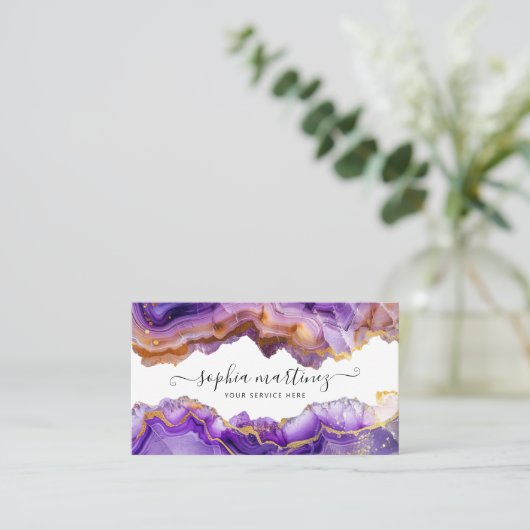 Abstract Purple Agate gold glitter marble QR Code Visitekaartje (Staand voorkant)