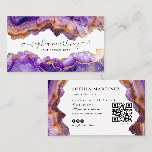 Abstract Purple Agate gold glitter marble QR Code Visitekaartje (Voorkant / Achterkant)