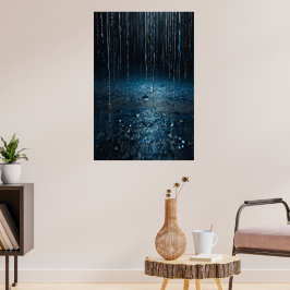 Abstract Rain Poster – Zilverblauwe muurkunst